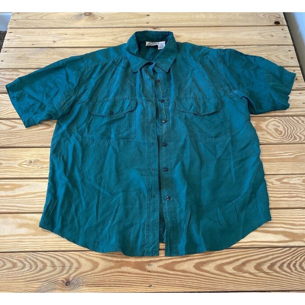 Erika & Company 100% Silk Button Up Shirt Size Large Women’s Green Short Sleeve